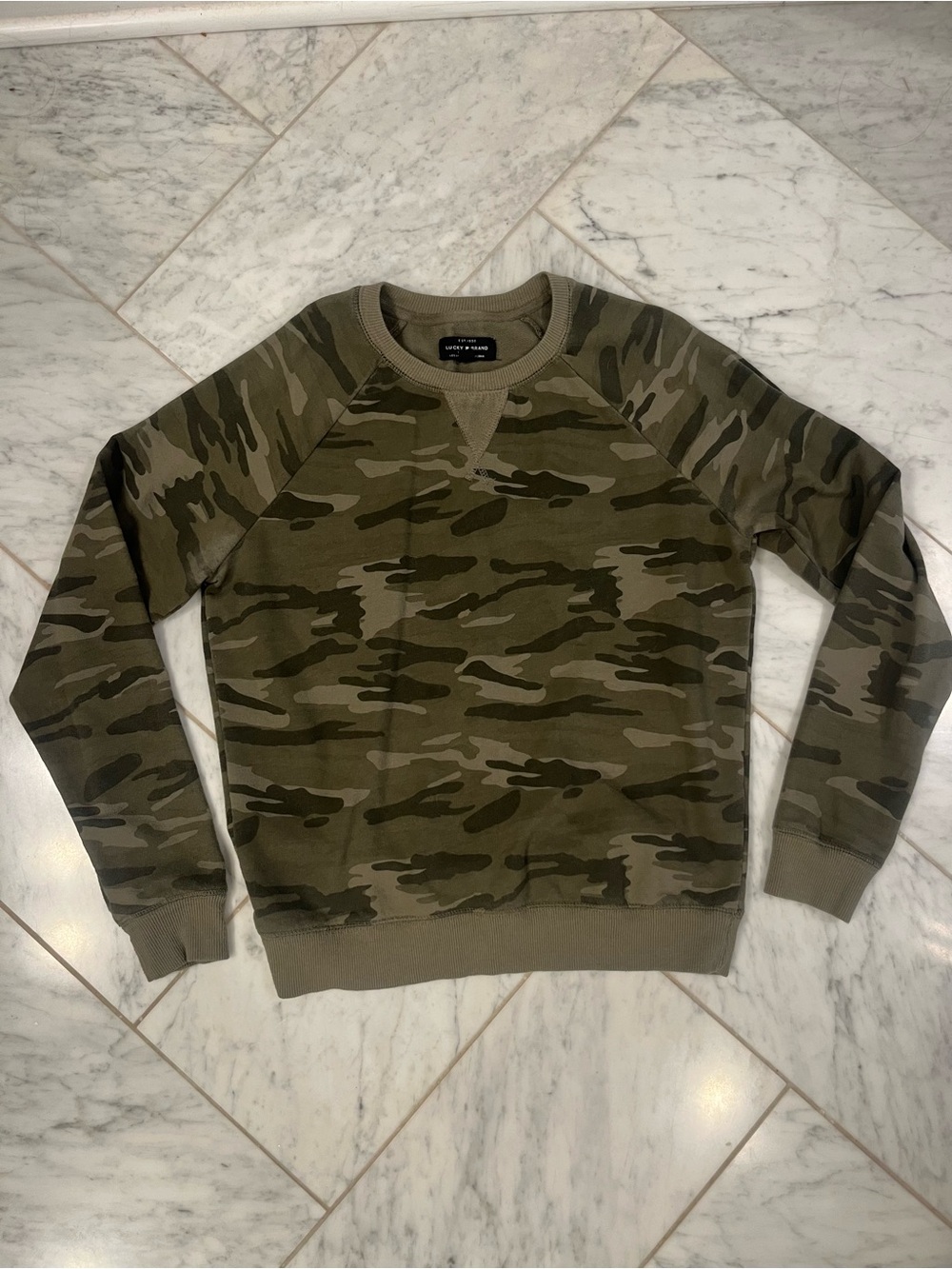 Lucky Brand Olive Camo Raglan Crewneck Sweatshirt
